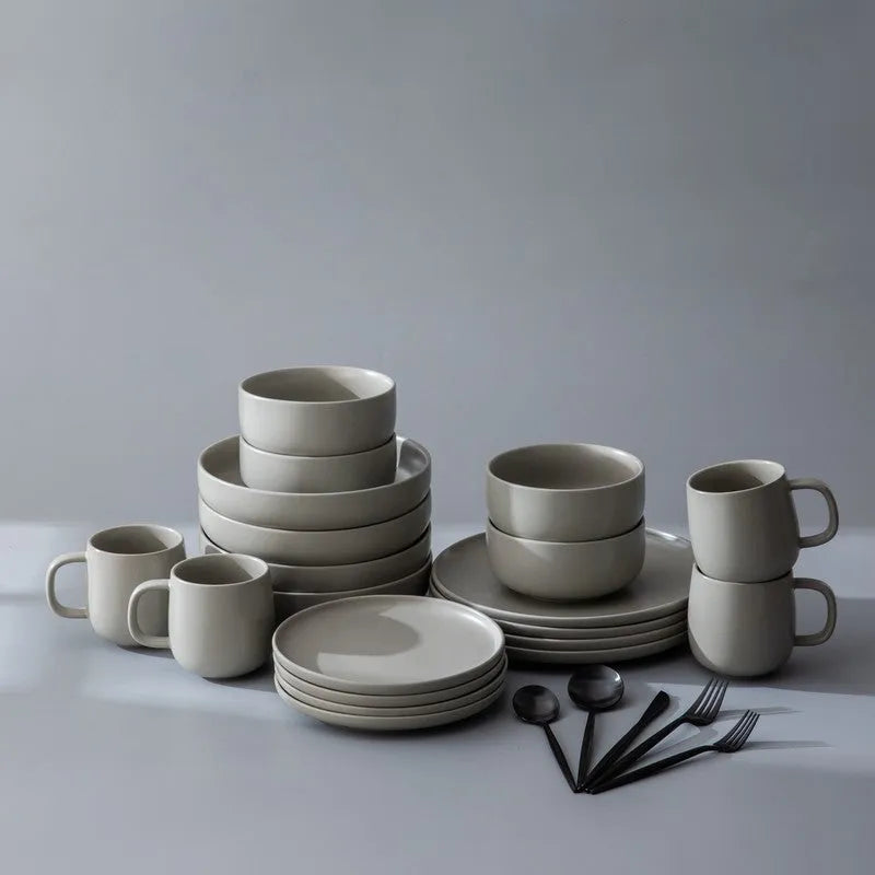 Dinnerware Set Bundle-JAZZUPCO-Matte Dove Gray-Minimalist Flatware - Matte Black (4 Person Set)-JAZZUPCO