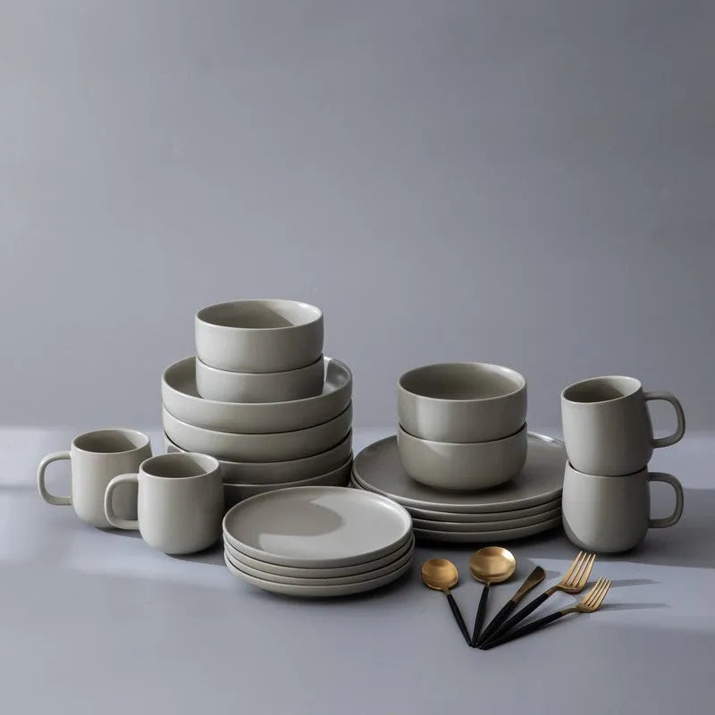 Dinnerware Set Bundle-JAZZUPCO-Matte Dove Gray-French Flatware - Black & Gold (4 Person Set)-JAZZUPCO