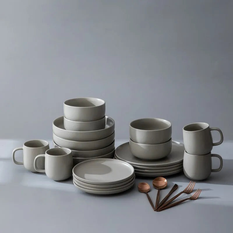 Dinnerware Set Bundle-JAZZUPCO-Matte Dove Gray-Minimalist Flatware - Matte Rose Gold (4 Person Set)-JAZZUPCO