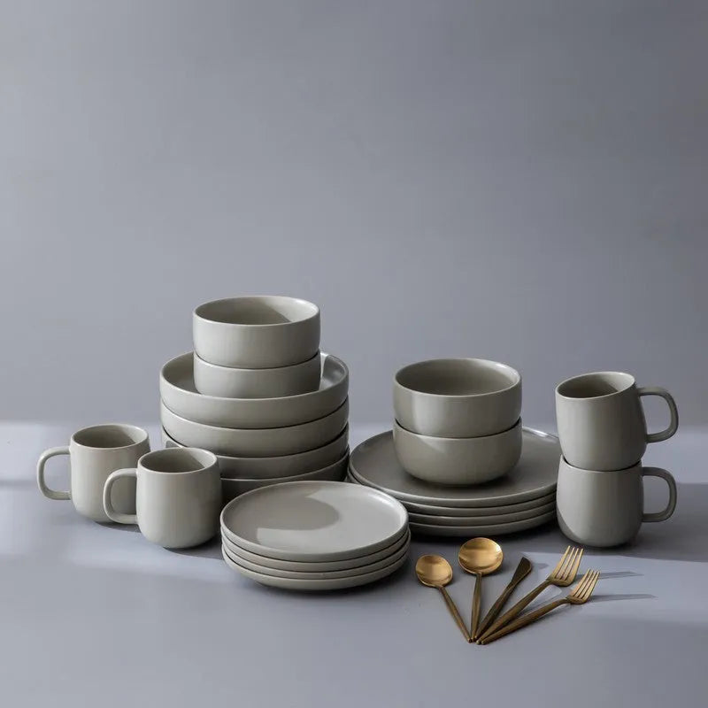 Dinnerware Set Bundle-JAZZUPCO-Matte Dove Gray-Minimalist Flatware - Matte Gold (4 Person Set)-JAZZUPCO