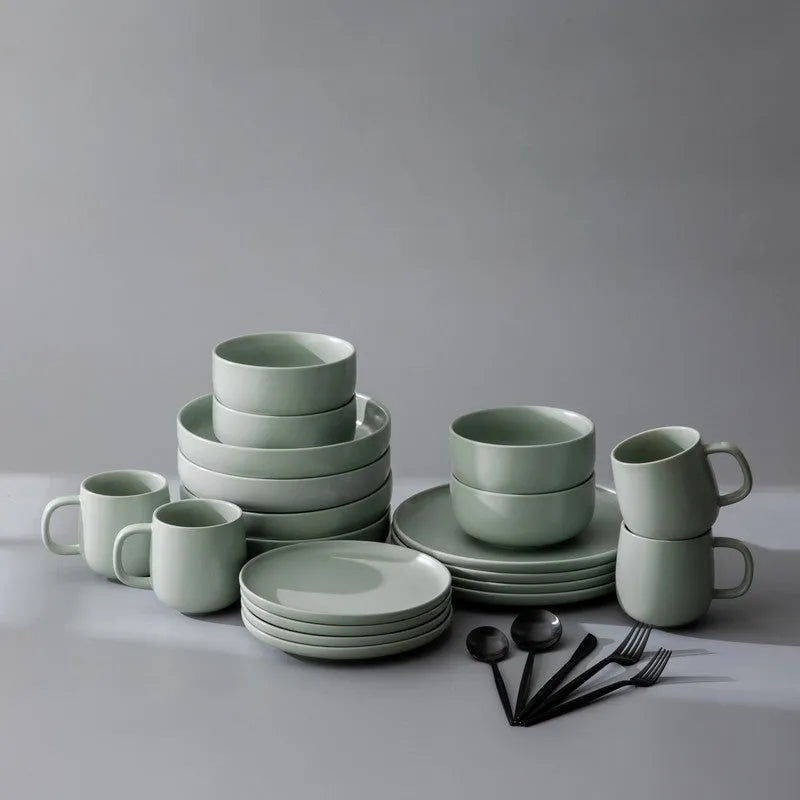 Dinnerware Set Bundle-JAZZUPCO-Matte Sage Green-Minimalist Flatware - Matte Black (4 Person Set)-JAZZUPCO