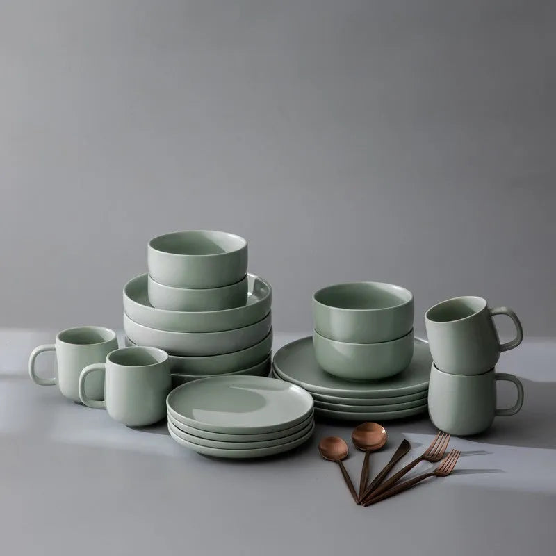 Dinnerware Set Bundle-JAZZUPCO-Matte Sage Green-Minimalist Flatware - Matte Rose Gold (4 Person Set)-JAZZUPCO