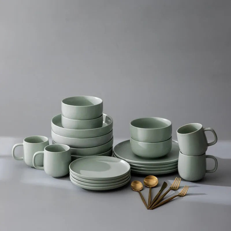 Dinnerware Set Bundle-JAZZUPCO-Matte Sage Green-Minimalist Flatware - Matte Gold (4 Person Set)-JAZZUPCO