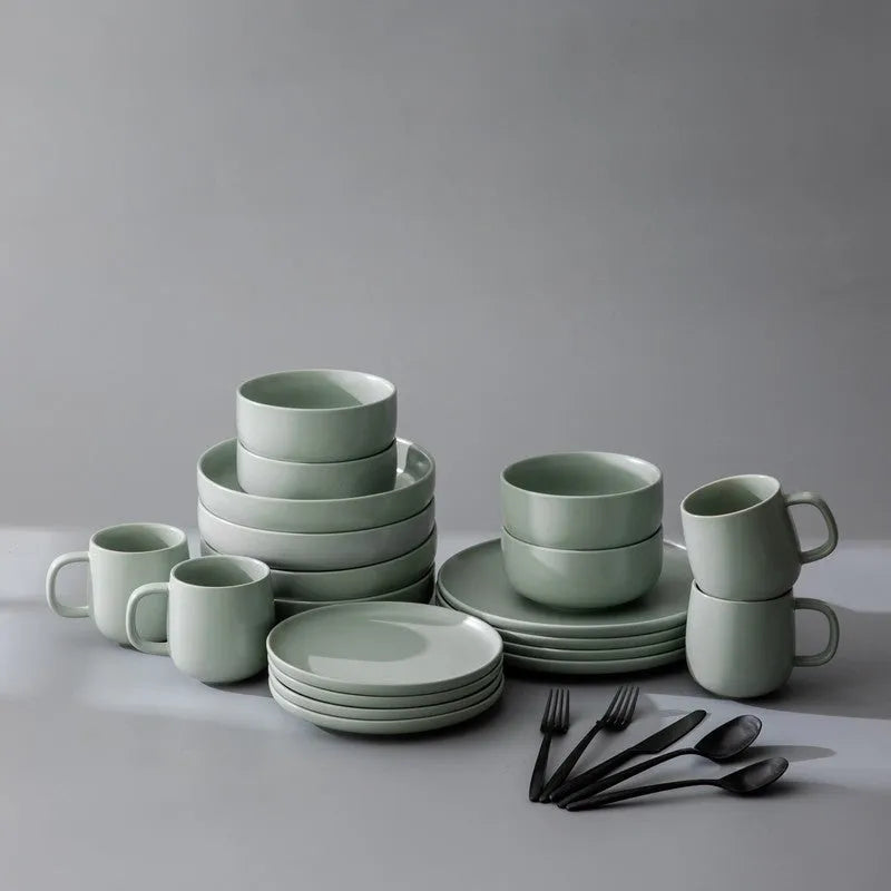 Dinnerware Set Bundle-JAZZUPCO-Matte Sage Green-Ava Flatware - Matte Black (4 Person Set)-JAZZUPCO