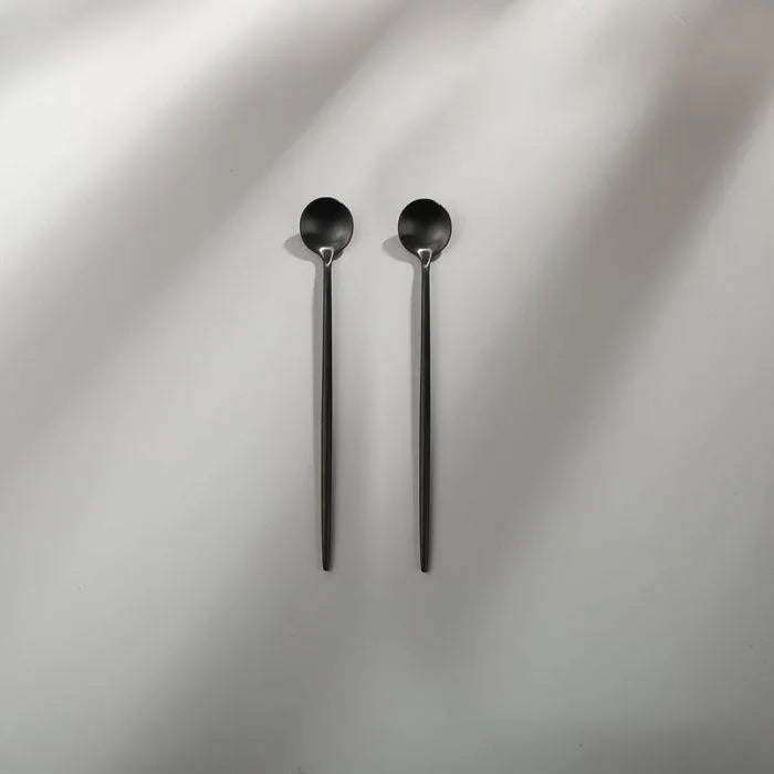 Minimalist/ French Flatware Salad Servers, Serving Utensils & Individual Pieces-JAZZUPCO-Matte Black-Long Drink Spoon (2 Pieces)-JAZZUPCO