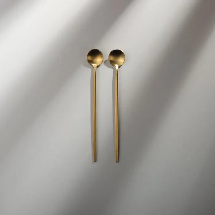 Minimalist/ French Flatware Salad Servers, Serving Utensils & Individual Pieces-JAZZUPCO-Matte Gold-Long Drink Spoon (2 Pieces)-JAZZUPCO