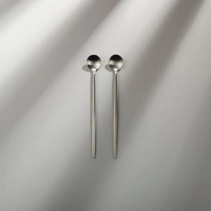 Minimalist/ French Flatware Salad Servers, Serving Utensils & Individual Pieces-JAZZUPCO-Matte Silver-Long Drink Spoon (2 Pieces)-JAZZUPCO