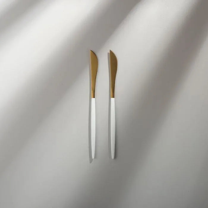 Minimalist/ French Flatware Salad Servers, Serving Utensils & Individual Pieces-JAZZUPCO-White & Gold-Dessert Knife (2 Pieces)-JAZZUPCO
