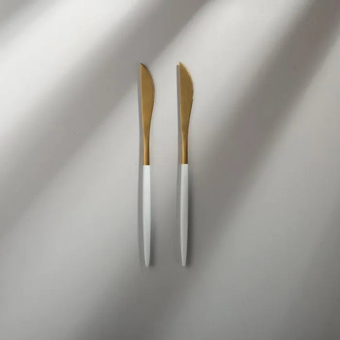 Minimalist/ French Flatware Salad Servers, Serving Utensils & Individual Pieces-JAZZUPCO-White & Gold-Dinner Knife (2 Pieces)-JAZZUPCO