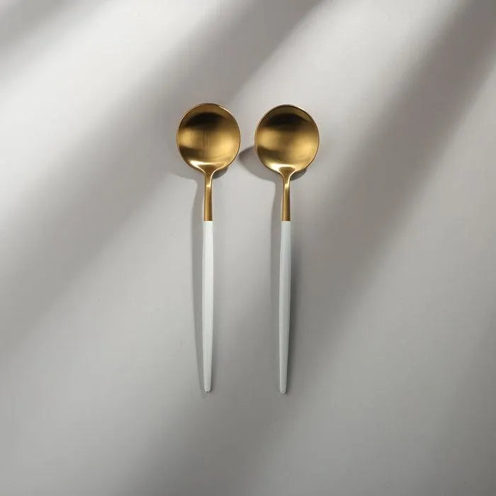 Minimalist/ French Flatware Salad Servers, Serving Utensils & Individual Pieces-JAZZUPCO-White & Gold-Dinner Spoon (2 Pieces)-JAZZUPCO