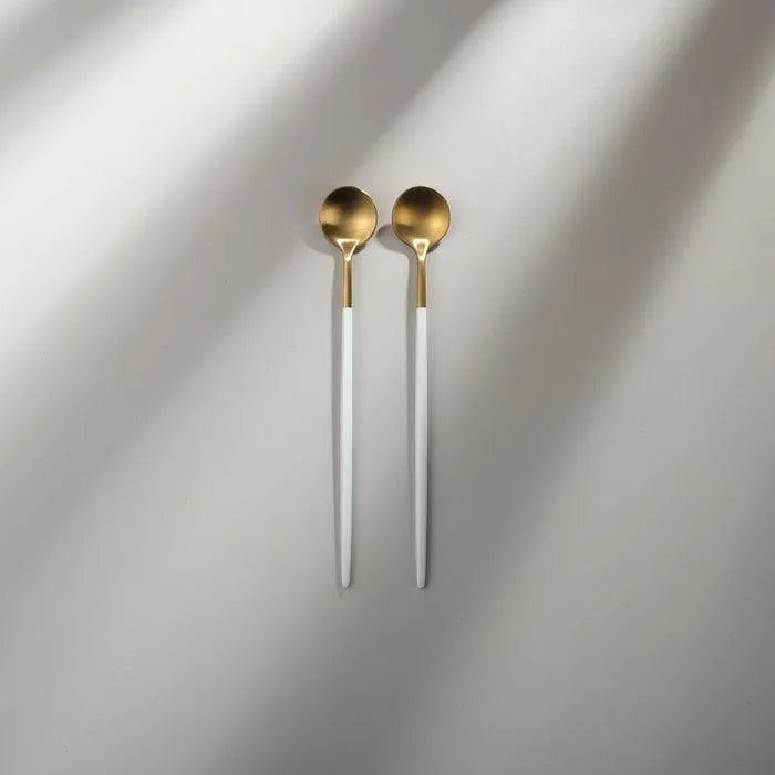 Minimalist/ French Flatware Salad Servers, Serving Utensils & Individual Pieces-JAZZUPCO-White & Gold-Long Drink Spoon (2 Pieces)-JAZZUPCO