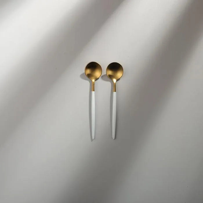 Minimalist/ French Flatware Salad Servers, Serving Utensils & Individual Pieces-JAZZUPCO-White & Gold-Teaspoon (2 Pieces)-JAZZUPCO