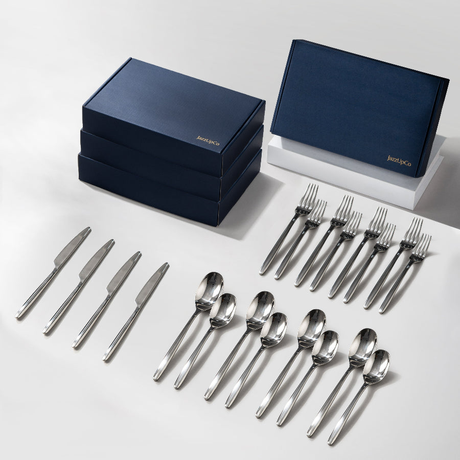Ava Flatware Mirror Finish-Flatware-JazzUpCo-Mirror Silver-16 Person Set (80 Pieces)-JAZZUPCO