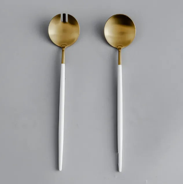 Minimalist/ French Flatware Salad Servers, Serving Utensils & Individual Pieces-JAZZUPCO-White & Gold-Salad Servers-JAZZUPCO
