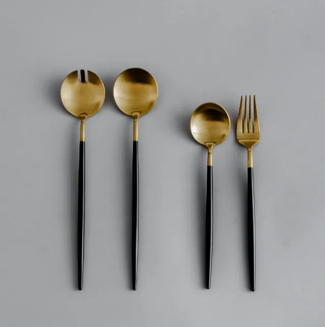 Minimalist/ French Flatware Salad Servers, Serving Utensils & Individual Pieces-JAZZUPCO-Black & Gold-Serving Utensils + Salad Servers Bundle-JAZZUPCO